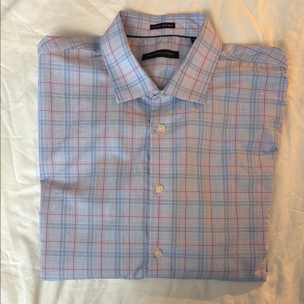 Tommy Hilfiger Blue and Pink Casual Button Down Shirt